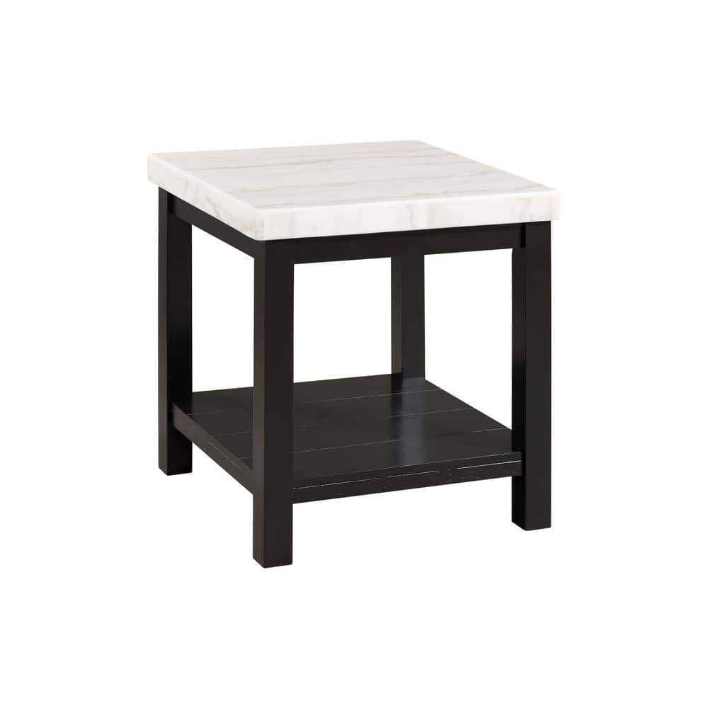 Transitional Black and White Marble Square End Table with Shelf