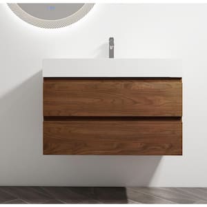 35.40 in. W Floating Wall-Mounted Bath Vanity in Brown Oak with White Resin Top