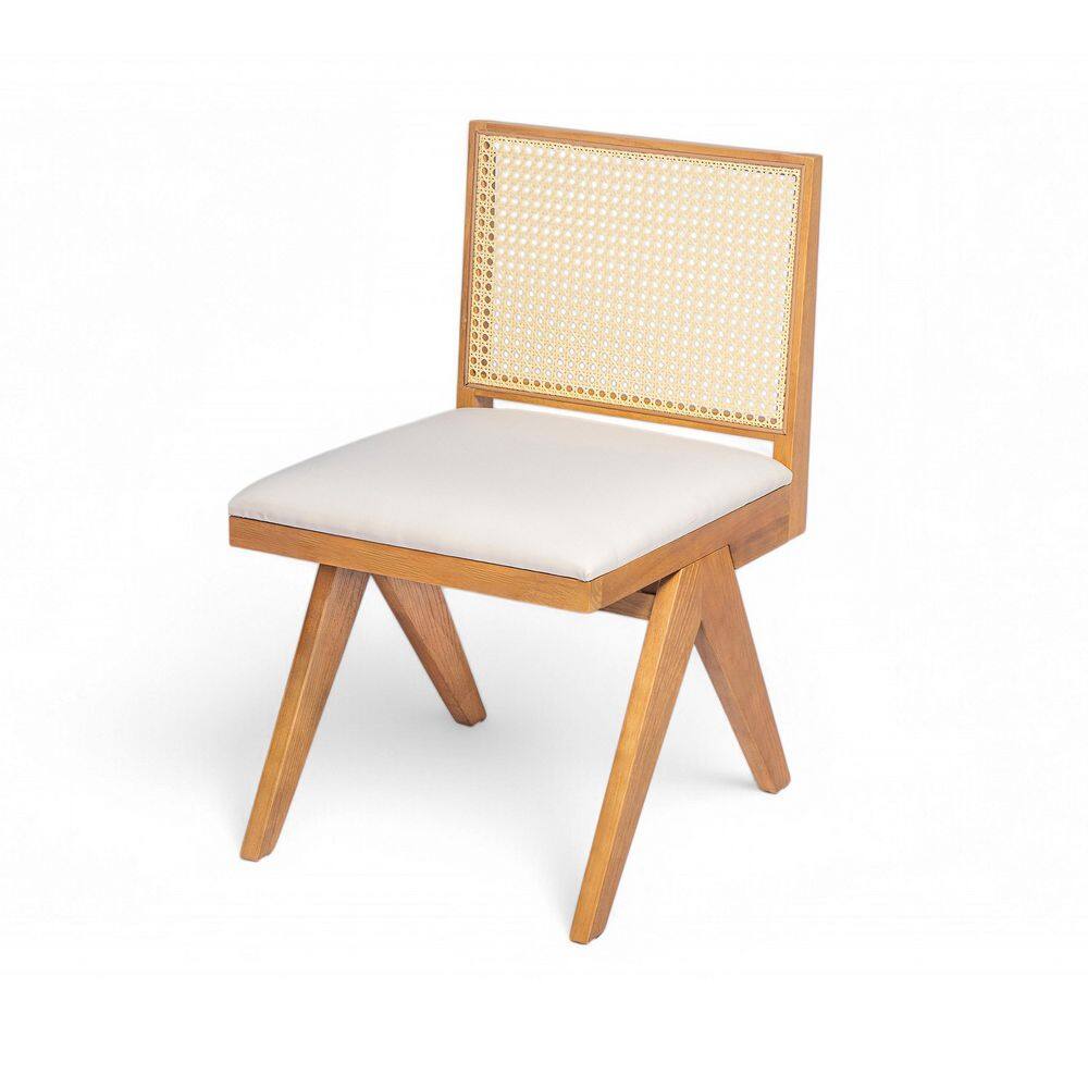 Natural Rubberwood and Cane Upholstered Dining Chairs, Set of 2