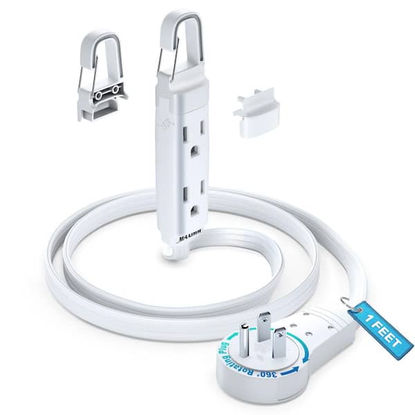 MAXIMM 1 ft. 16/3 Light Duty Indoor Extension Cord with 360° Rotating Flat Plug 3-Outlet with Hook, White