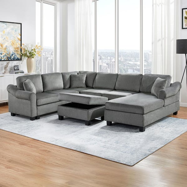 111.8 in. Chenille Upholstered U-Shaped Sectional Sofa in. Dark Gray with Movable Storage Ottoman, 3 Pillows