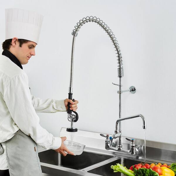 Commercial Faucet 36 in. H 8 in. Center 12 in. Double Handle Pull Down Sprayer Kitchen Faucet in Silver