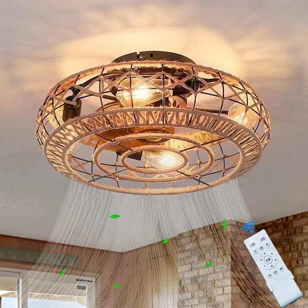 TOZING 20 in. Smart Indoor 4 light Gold Industrial Rope Caged Low Profile Flush Mount Ceiling Fan Light with Remote Control