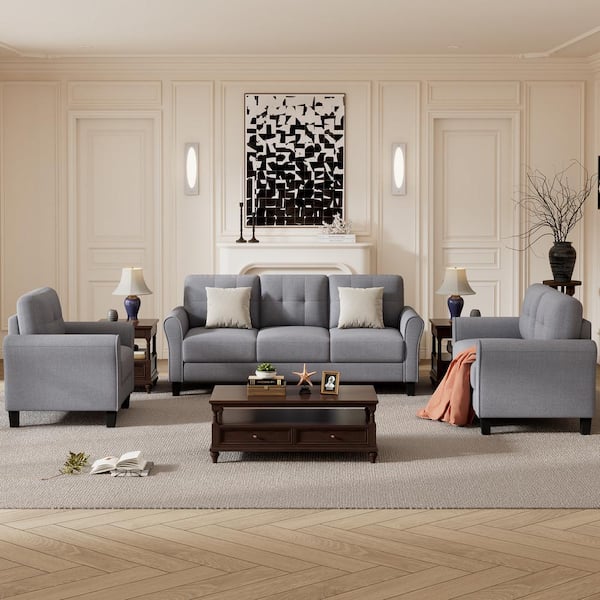 Harper & Bright Designs 80 in. Flared Arm 3-Piece 6-Seater Sofa Set in Bluish Light Gray
