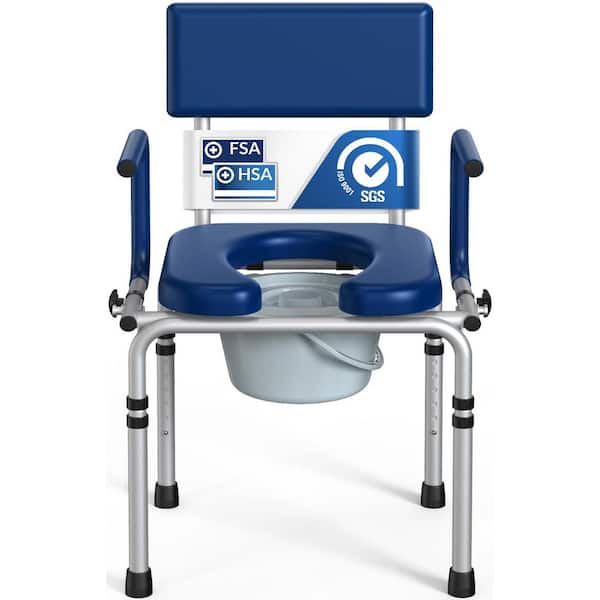 6.3 qt. Drop Arm Bedside Commode, Commode Toilet with Padded Seat and Backrest, 400 lb. Capacity Toilet Seat in Blue