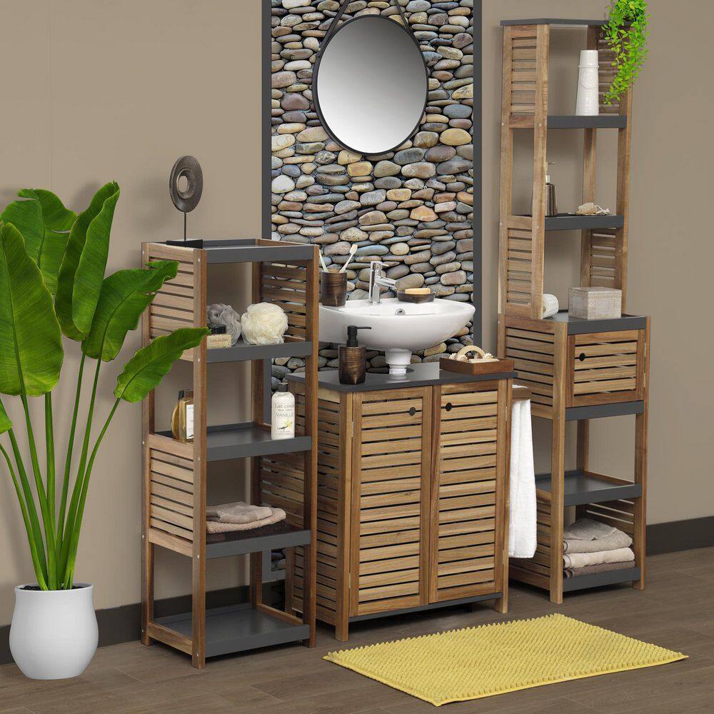 Gray Acacia Wood Adjustable Over-the-Toilet Storage Tower