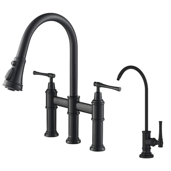 KRAUS Allyn Double-Handle Transitional Bridge Kitchen Faucet and Beverage Faucet in Matte Black
