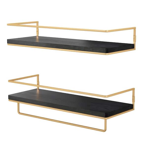 Unbranded 5.71 in. D x 15.7 in. W x 2.28 in. H Gold-Black Floating Shelves with Towel Rack (Set of 2)