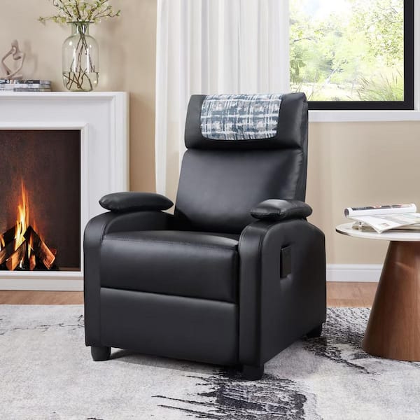 QYWDYC 34 in. Rolled Arm Faux Leather Rectangle Sofa with Reclining & Cup Holder & Adjustable Footrest in. Classic Black