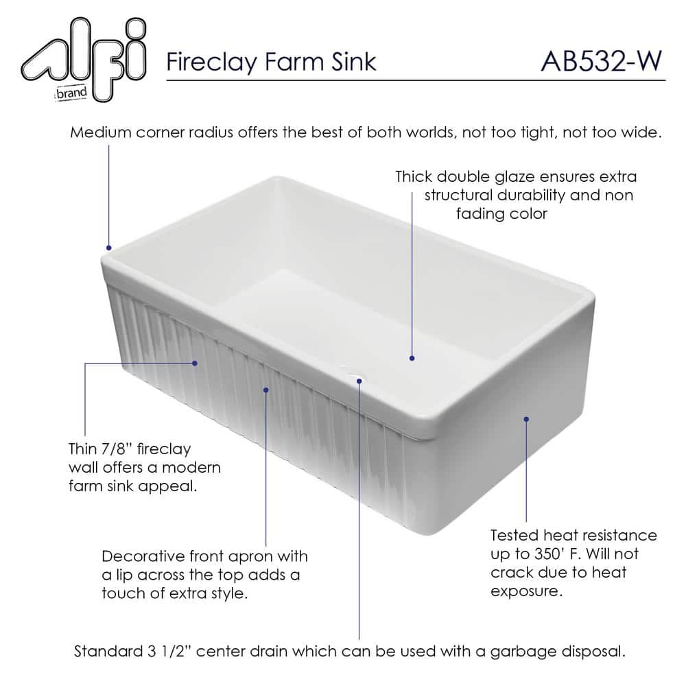 33'' White Fireclay Single Bowl Farmhouse Sink