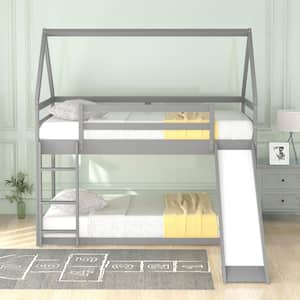 Gray Twin Over Twin House Shaped Bunk Bed with Slide, Wood Bunk Bed with Roof Low Bunk Beds for Boys and Girls