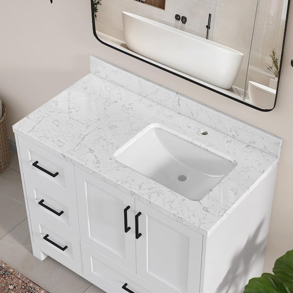 Kar 42.5 in. W x 22 in. D Carrara White Engineered Marble Vanity Top with Right Single Rectangular Sink and Backsplash