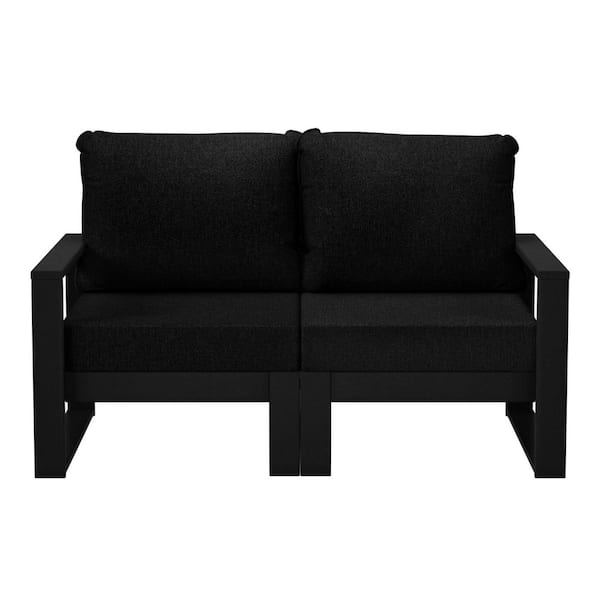 Endless Black Frame HDPE Plastic Outdoor Patio Modern Modular Loveseat with Black Cushions