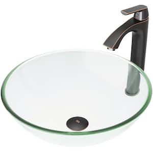 Glass Round Vessel Bathroom Sink in Iridescent with Linus Faucet and Pop-Up Drain in Antique Rubbed Bronze