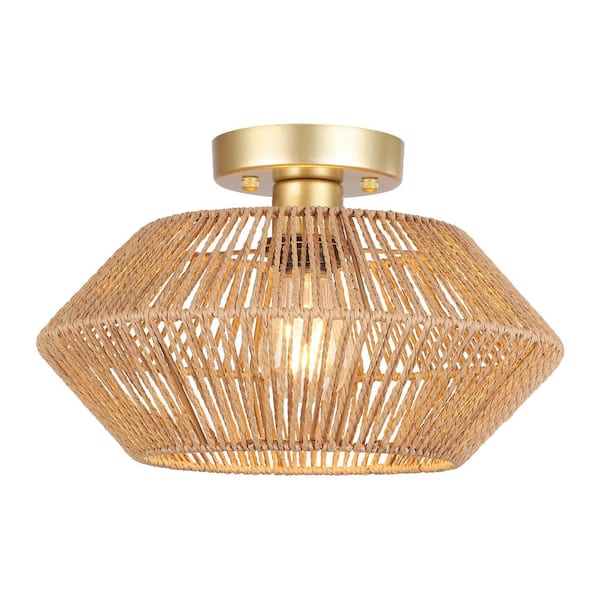 12.6 in. 1-Light Gold and Brown Bohemian Rattan Semi Flush Mount Ceiling Light for Dining Room