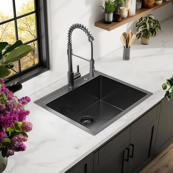 25 in. Drop-In Single Bowl 18 Gauge Gunmetal Black Stainless Steel Kitchen Sink