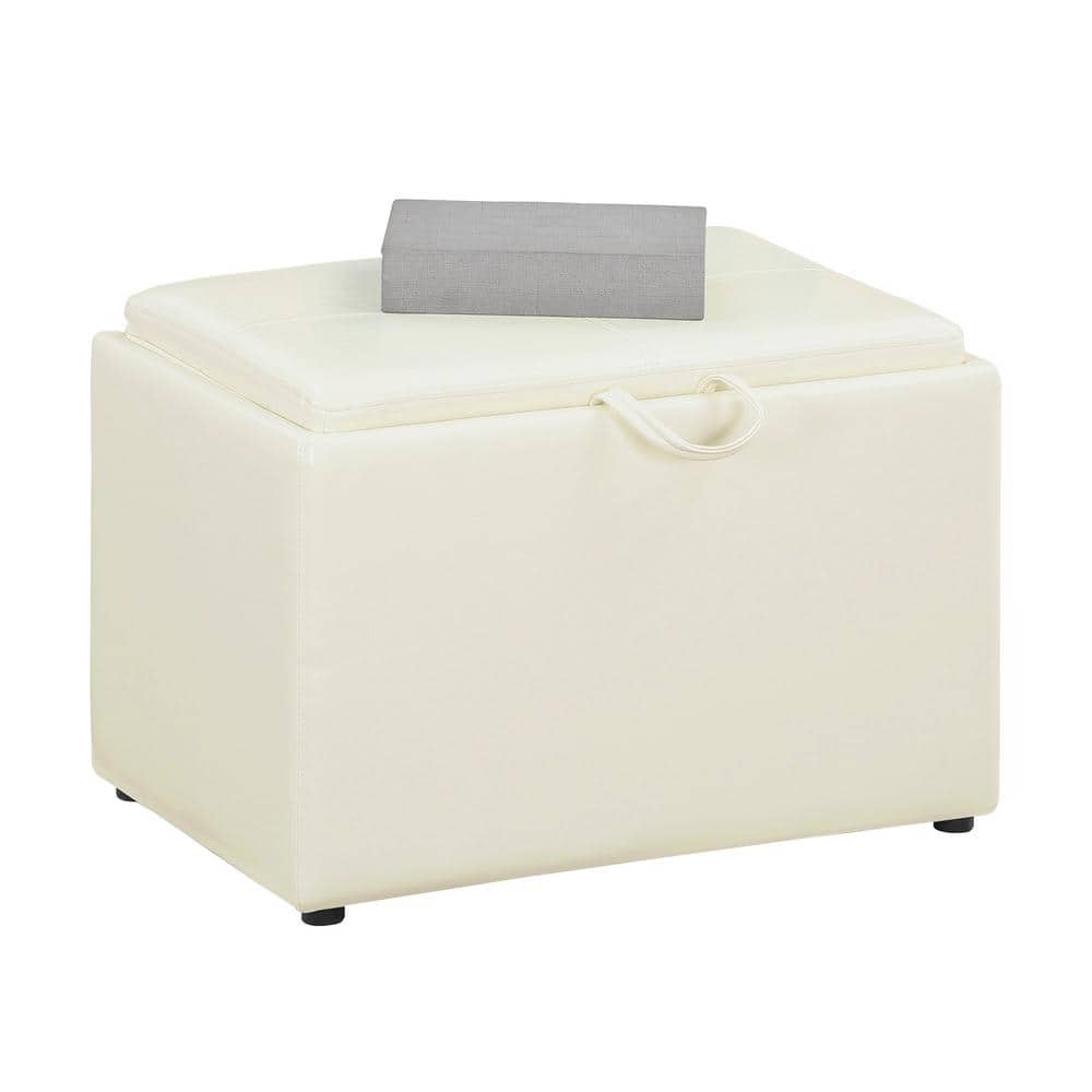 Ivory Faux Leather 23" Multifunctional Storage Ottoman with Reversible Tray