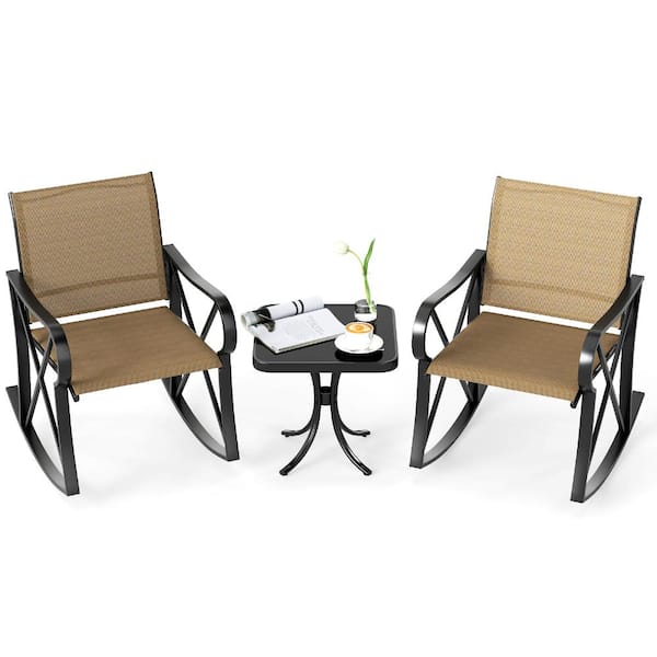 SKONYON 3 Piece Outdoor Metal Rocking Bistro Set with Breathable Fabric ...