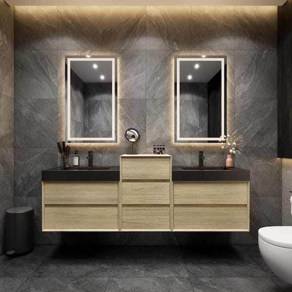 BV Better Vanity MIA 79 in. W x 20 in. D x 30 in. H Double Sink Middle Cabinet Bath Vanity in Teak Oak with Black Stainless Steel Top