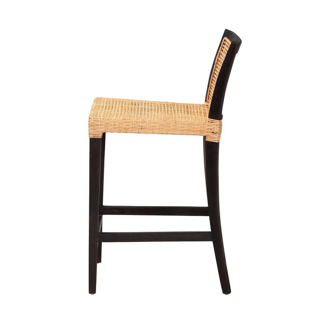 Lingga Dark Brown Mahogany Wood and Natural Rattan Counter Stool