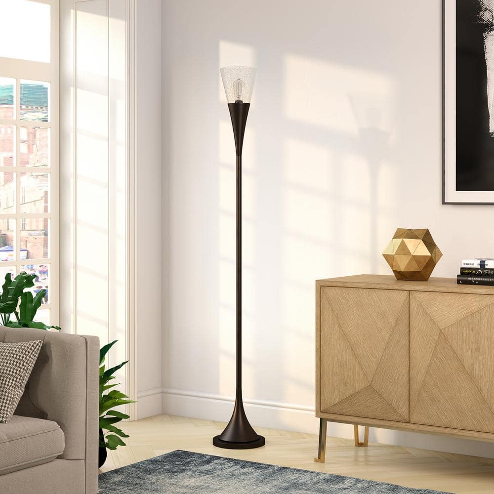 Moura 71" Blackened Bronze Torchiere Floor Lamp with Seeded Glass Shade
