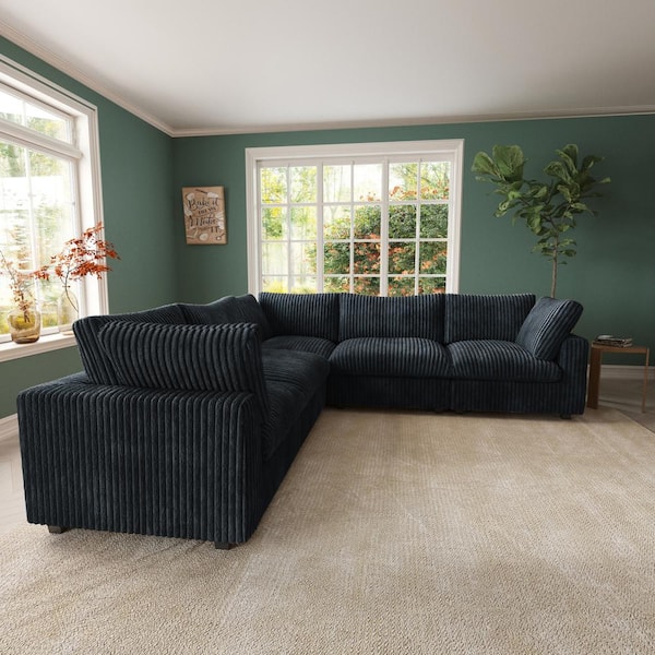118 in. Rabbit Plush Fabric Square Arm 5-Piece Modular Free Combination Sectional Sofa in Black