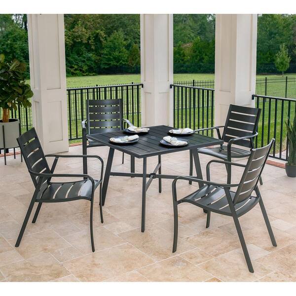 Hanover Cortino 5 Piece Commercial Grade Aluminum Outdoor Dining Set With 4 Slat Back Chairs And A 38 In Top Table Cortdn5pcs The Home Depot Aluminum Outdoor Dining Set, Commercial Outdoor Furniture