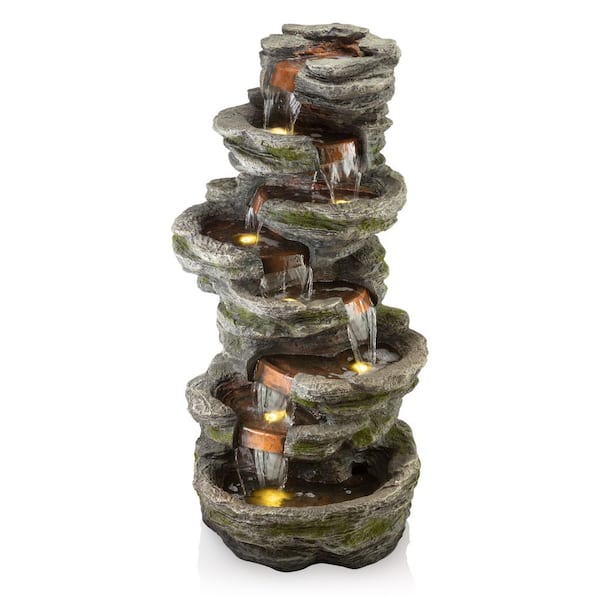 58 in. Tall Outdoor 8-Tier Rainforest Rock Water Fountain with LED Lights