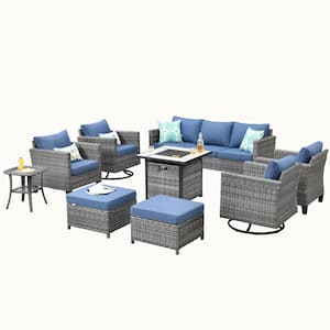 New Vultures Gray 9-Piece Wicker Patio Fire Pit Conversation Seating Set with Blue Cushions and Swivel Rocking Chairs