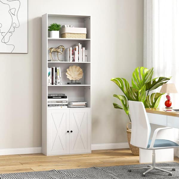 71 in. Tall White Wood 6 Shelves Farmhouse Bookcase with Doors with 2-Door Cabinet for Bedroom
