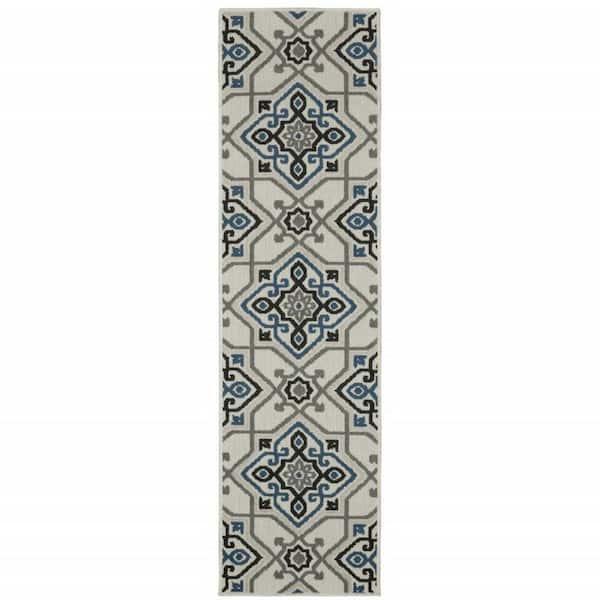 Blue, Beige 2 ft. x 7 ft. Loomed Oriental Polypropylene Rectangle Indoor/Outdoor Area Rug