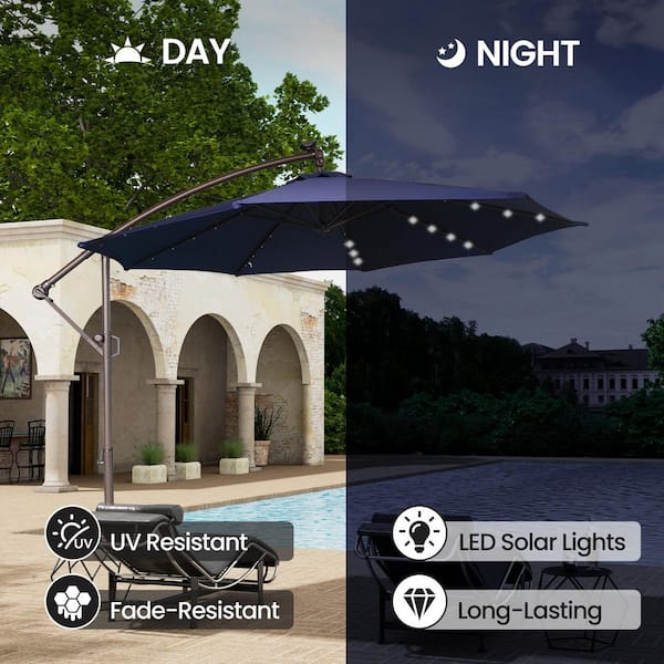 11 ft. Steel Pole Solar LED Offset Hanging Patio Umbrella with in 360° Rotation and Easy Crank in Navy Blue