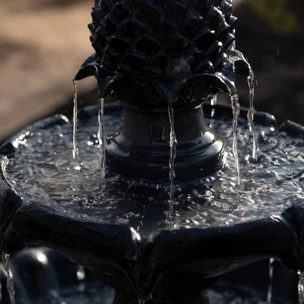 44 in H Black Fiberglass/Resin 2-Tier Solar Water Fountain w/Solar Panel and Auto-Shut Off Pump, Solar Garden Fountain