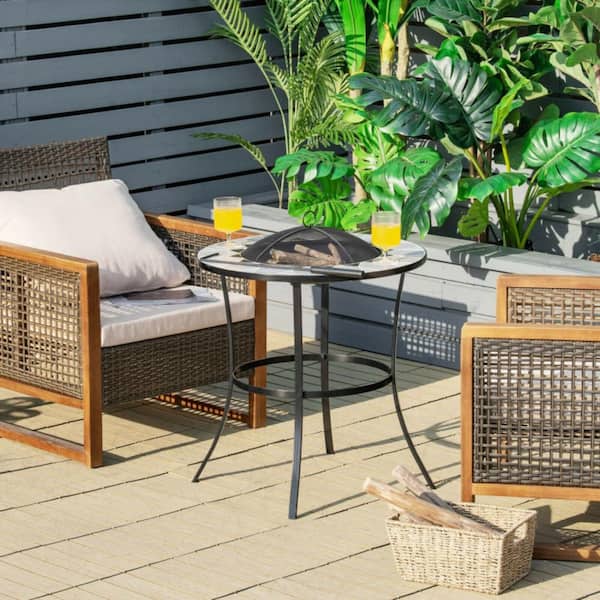 23.5 in. Black Round Outdoor Fire Pit Table with Mesh Cover and Fire Poker