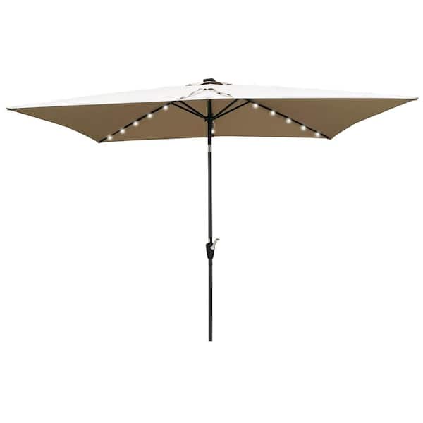 Sudzendf 10 ft. x 6.5 ft. Market Rectangular Solar LED Lighted Outdoor Patio Umbrellas with Crank and Push Button Tilt in Beige
