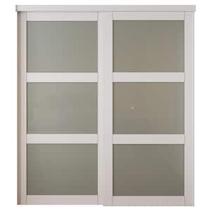 72 in. x 80 in. 3-Lites Frosted Glass White Primed MDF Sliding Door with Hardware Kit