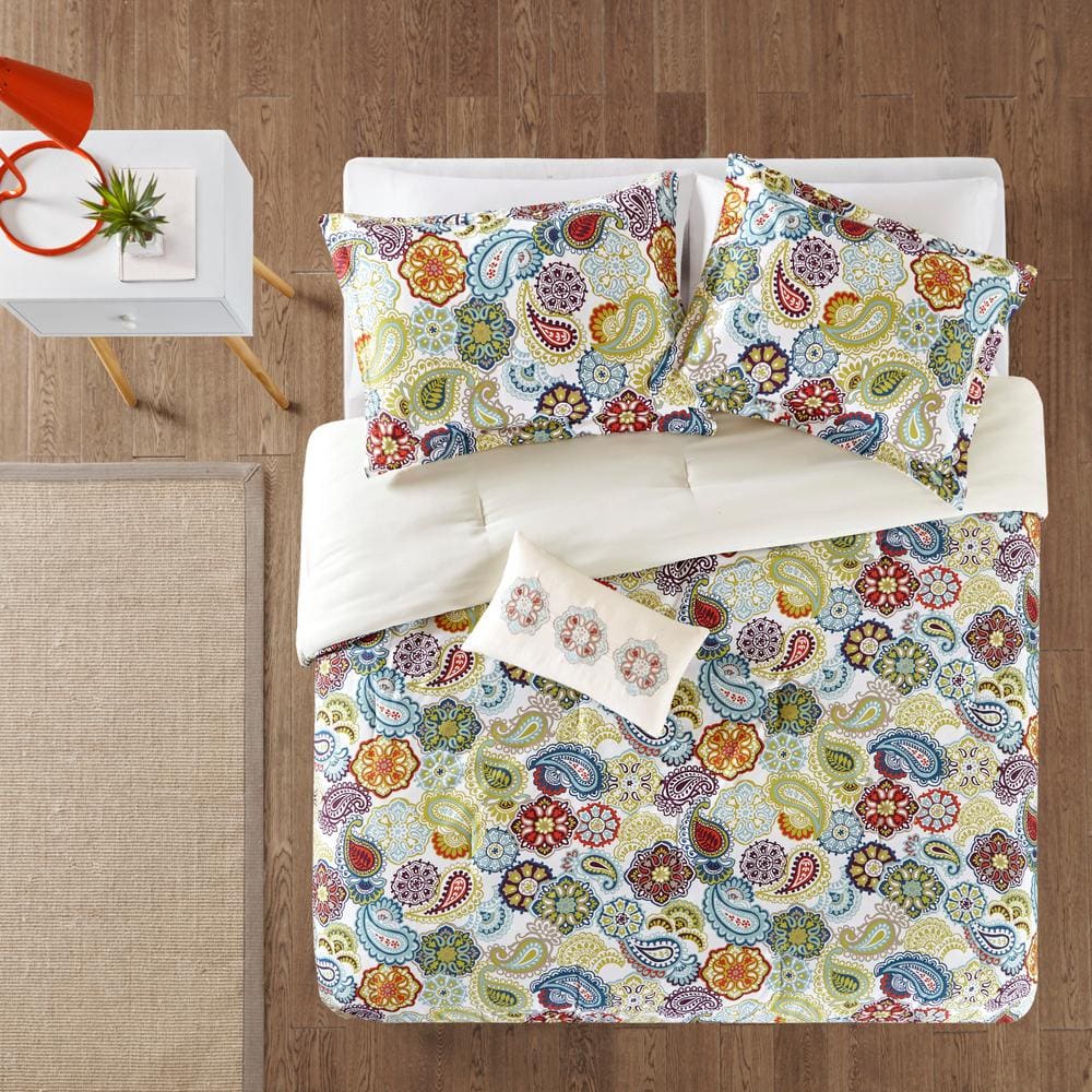 Ivory and Multicolor Reversible Microfiber Full Quilt Set