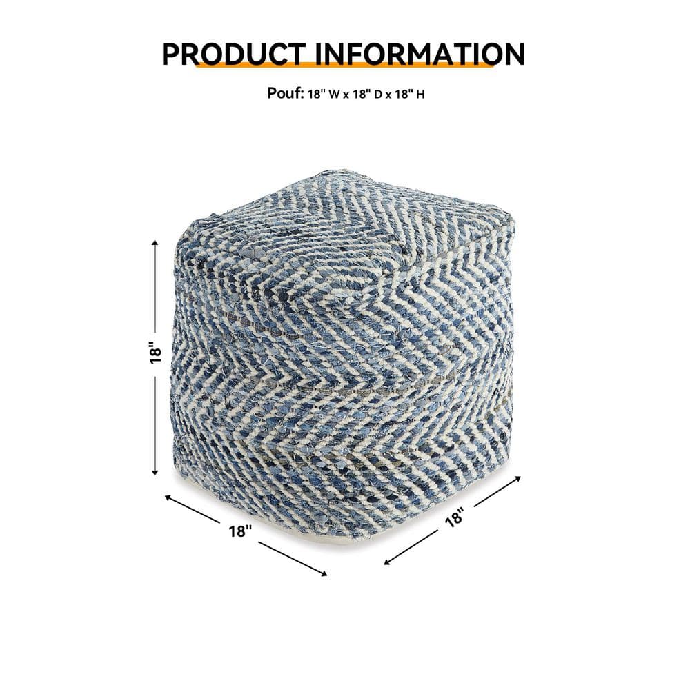Contemporary Blue Denim Woven Pouf Ottoman 18"