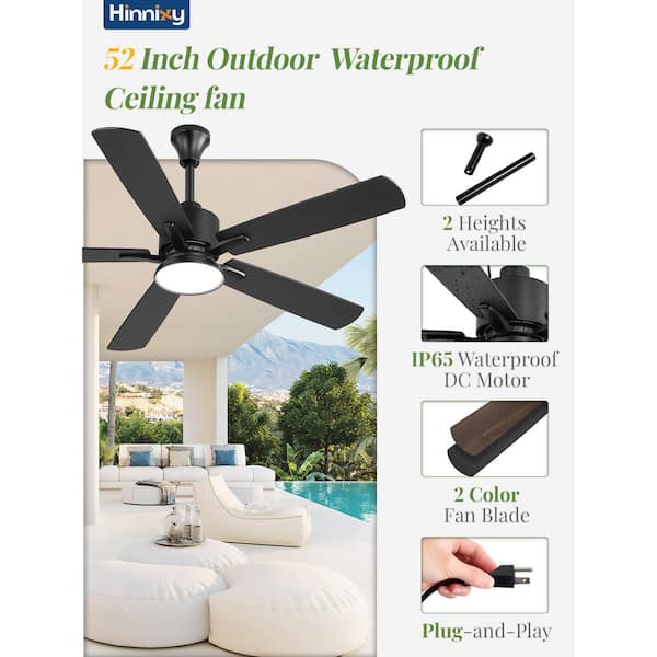 HINNIXY 52 in. Waterproof Outdoor Black 6-Speed Dimmable Downrod