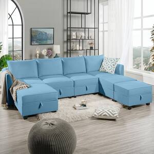 81.89 in. Linen Contemporary 4-Seater Upholstered Sectional Sofa Bed with 3 Ottoman in. Robin Egg Blue