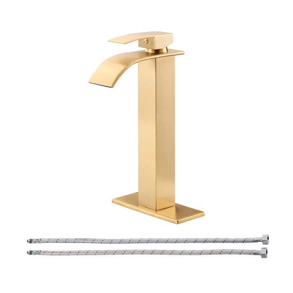Heemli Waterfall Single Hole Single-Handle High-Arc Bathroom Faucet with Supply Line and Deckplate in Brushed Gold