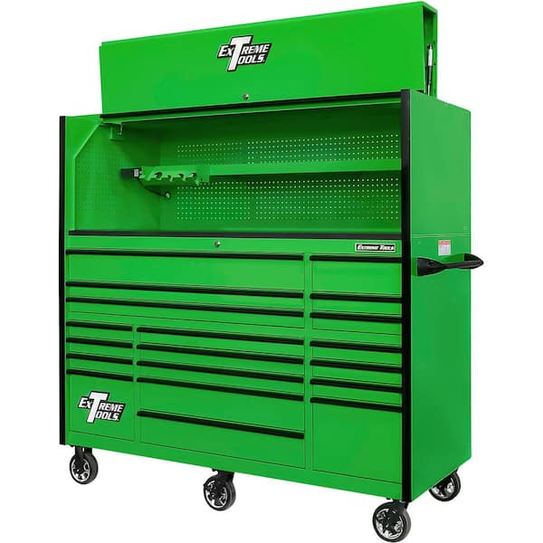 Extreme Tools RX Series Professional 72 in. W Hutch and 19-Drawer Roller Cabinet Combo, 150lbs Slides, Green with Black Drawer Pulls