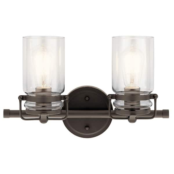 KICHLER Brinley 15.75 in. 2-Light Olde Bronze Vintage Bathroom Vanity Light with Clear Glass