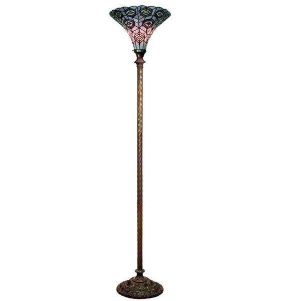 Warehouse of Tiffany 72 in. Blue, Purple, Green and Antique Bronze Peacock Stained Glass Floor Lamp with Foot Switch