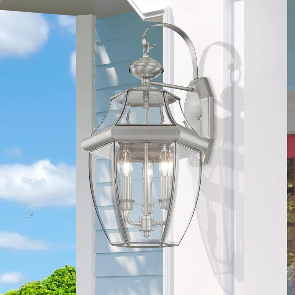 Elegant Brushed Nickel 3-Light Outdoor Wall Lantern with Clear Beveled Glass