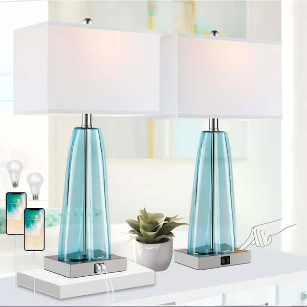 25 in. Contemporary Blue Green Table Lamps, 3-Way Dimmable Nightstand Lamps with 2-USB Ports and 1-AC Outlet