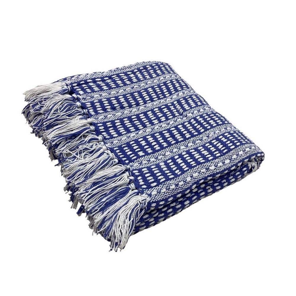 Chic Navy and White Striped Fringed Organic Cotton Throw, 50" x 60"