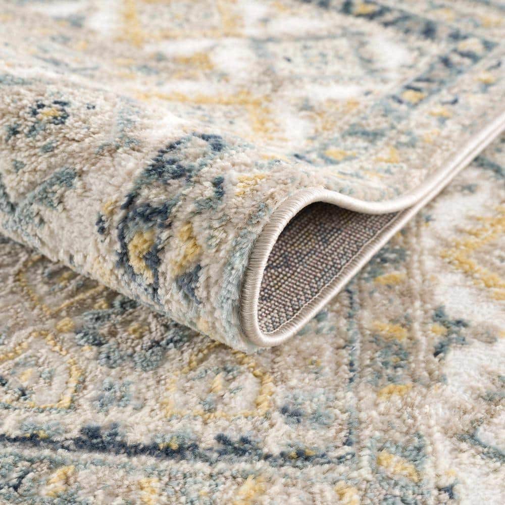 Brend Blue and Beige Medallion Polypropylene Area Rug