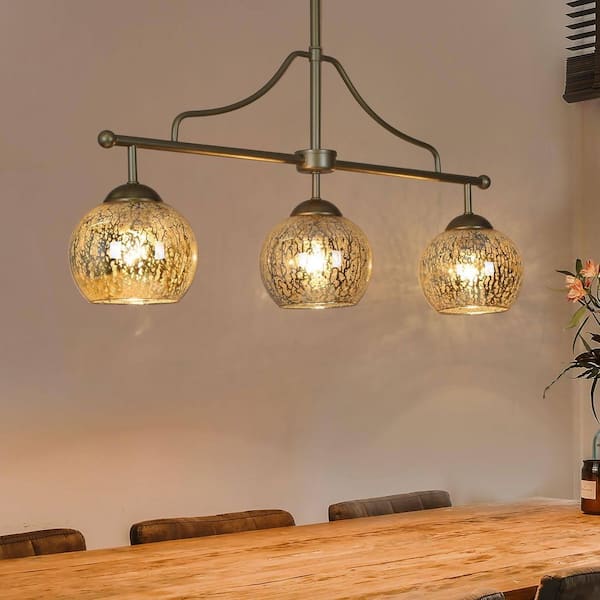 3-Light Modern Gold Kitchen Island Chandelier Lighting, Transitional Linear Pendant Hanging Light with Mercury Glass