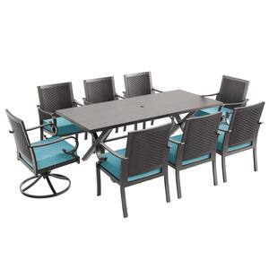 9-Piece Metal Outdoor Dining Set with Rattan Woven Backrest, Swivel Rocking Chairs, an Umbrella Hole and Blue Cushion